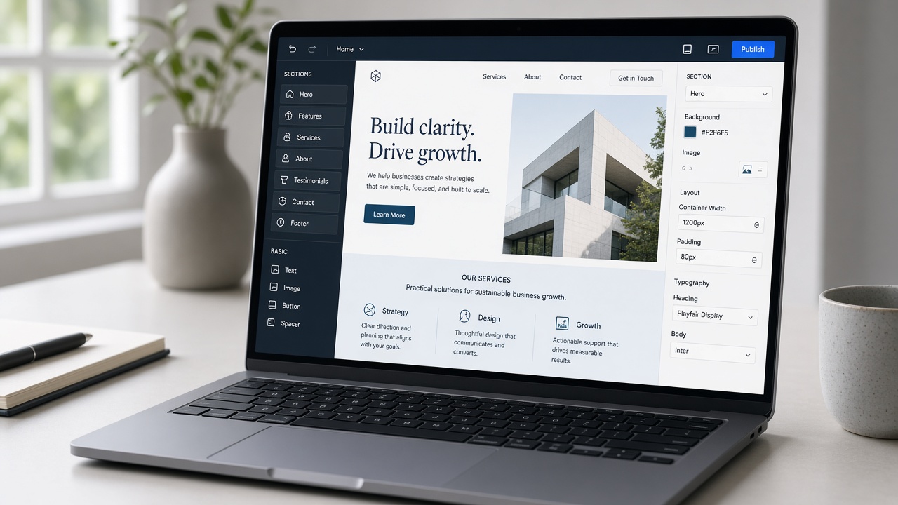 Website builder workspace showing a live single-page site preview